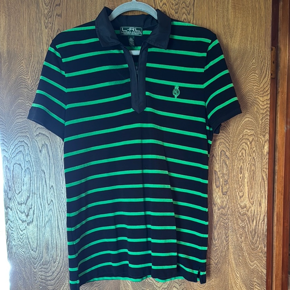 Ralph Lauren Black and Green Polo Shirt Classic Striped Design